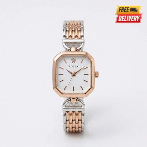 Rolex Luxury Rectangular Watch For Women in Silver & Rose Gold image 0