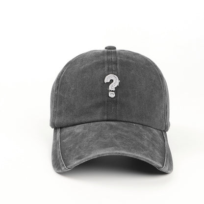 Retro Wash Denim Cap with Question Mark Embroidery