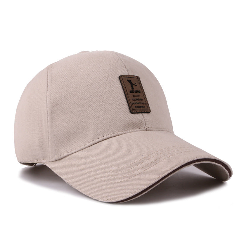 Men's Light Beige Cotton Baseball Cap with Leather Patch