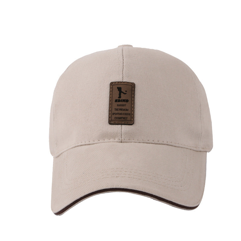 Men's Light Beige Cotton Baseball Cap with Leather Patch