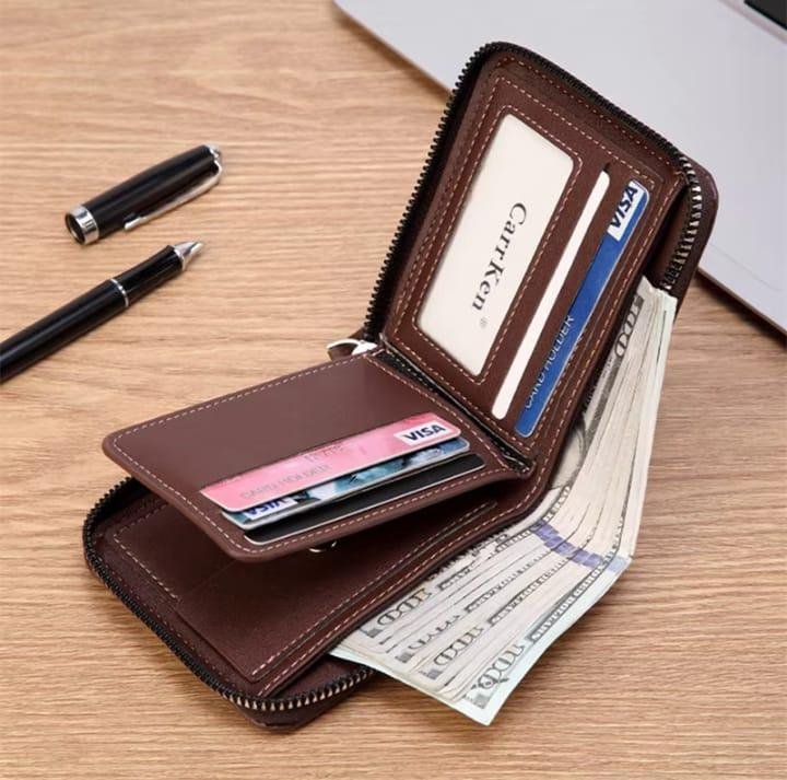 Men's Leather Wallet Brown Zipper Closure image 2